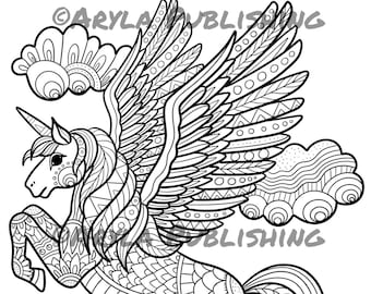 Flying Unicorn Mythical Creature coloring page printable colouring page Adult color sheet instant download