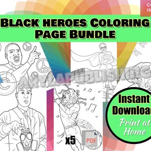 May include: Black and white coloring pages featuring five different Black heroes. The pages are part of a bundle and are available for instant download and printing at home.