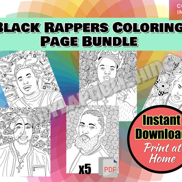 Black Rappers coloring page printable colouring page Adult color sheet instant download x5