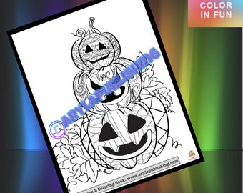 3 Pumpkins Halloween coloring page printable colouring page Adult color sheet instant download