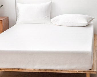 100% Bamboo Fitted Sheet One-Piece | Deep Pocket 18'' | Free US Canada Shipping | Cooling Silky Soft Sheet | White Oatmeal Queen King