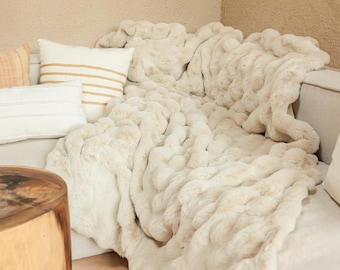 Plushie Faux Fur Throw Blanket 60x80'' | Extra Thick Ultra Soft Cozy Cruelty-free | Fluffy Decor Blanket Cream Beige