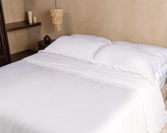 Organic Bamboo Scallop Duvet Cover Set | Queen King | White Wavy Edge Embroidery | Quilt Cover with Zipper Pillowcase |Silky Soft Toxin Free
