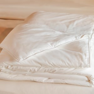 May include: A white down comforter folded on a bed. The comforter is made of soft, fluffy down and is designed for warmth and comfort.