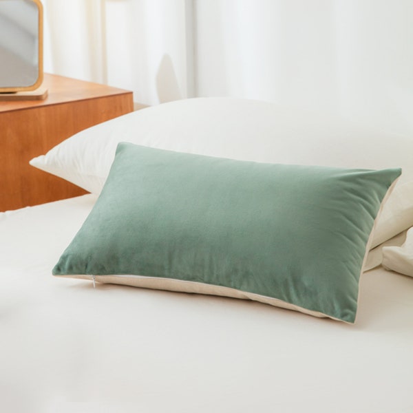 Sage Green Velvet Linen Throw Pillow Cover 12x20'' | Large Body pillow for Bed Couch Chair | Hidden Zipper Closure
