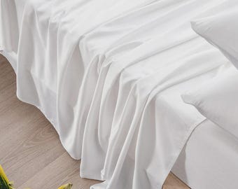 100% Organic Bamboo Flat Sheet: Silky Soft Breathable Vegan Silk, Queen King, White Oatmeal Stone, Cooling Summer Sheet