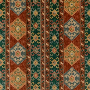 1.94 yds Lee Jofa / Mulberry Nomad Velvet Spice Red, Orange, &Teal Kilim Stripe Upholstery Fabric FD2009.T30.0 EM