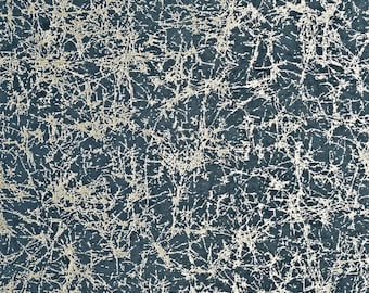 May include: A dark teal fabric featuring a dense, intricate pattern of thin, metallic silver lines that resemble a cracked or webbed texture spread across the entire surface, creating a high-contrast visual effect with a shimmering finish.