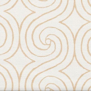 May include: A textile fabric featuring a repeating pattern of light tan swirling lines on a crisp white background. The design consists of interconnected curved shapes that form a continuous, flowing geometric motif across the woven material surface.