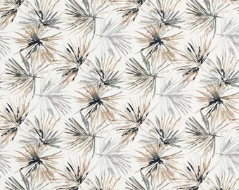 May include: A fabric pattern featuring a repeating design of stylized palm leaves in shades of tan, gray, and black against a solid white background. The leaves are depicted with thin, radiating lines that create a textured, brushstroke appearance.