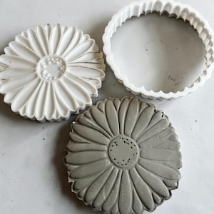 Può includere: Uno stampo in silicone bianco a forma di margherita, uno stampo circolare bianco abbinato con bordo smerlato e un sottobicchiere circolare grigio a forma di margherita. Gli stampi presentano petali dettagliati e un centro testurizzato.