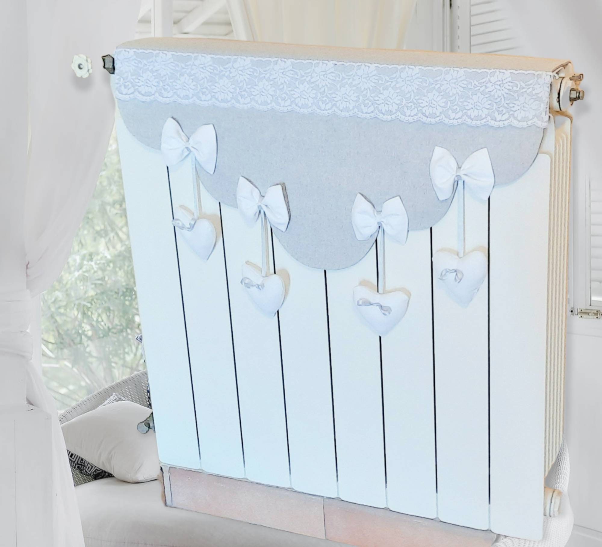 Shabby Country Chic Radiator Cover elisea Model, Symmetrical Waves in  Scale, Bows Holding Hearts Suspended From Satin Ribbons 