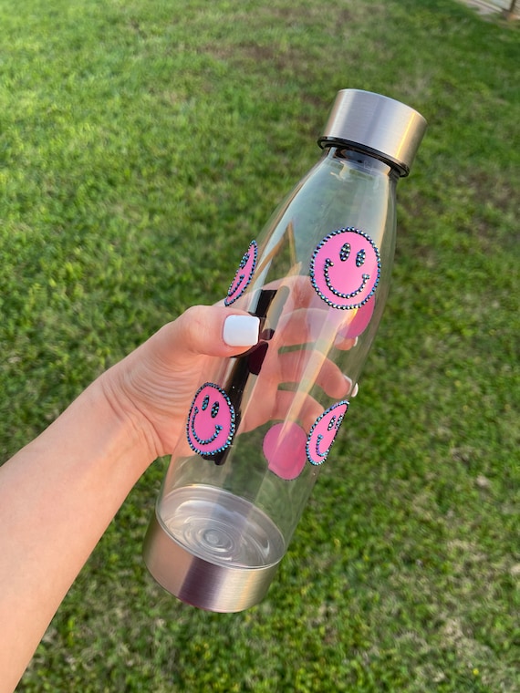 Smiley Face Water Bottle Happy Face Water Bottle Emoji Face Drinkware  Personalized Rhinestone, Boho Retro Vibe Cup 