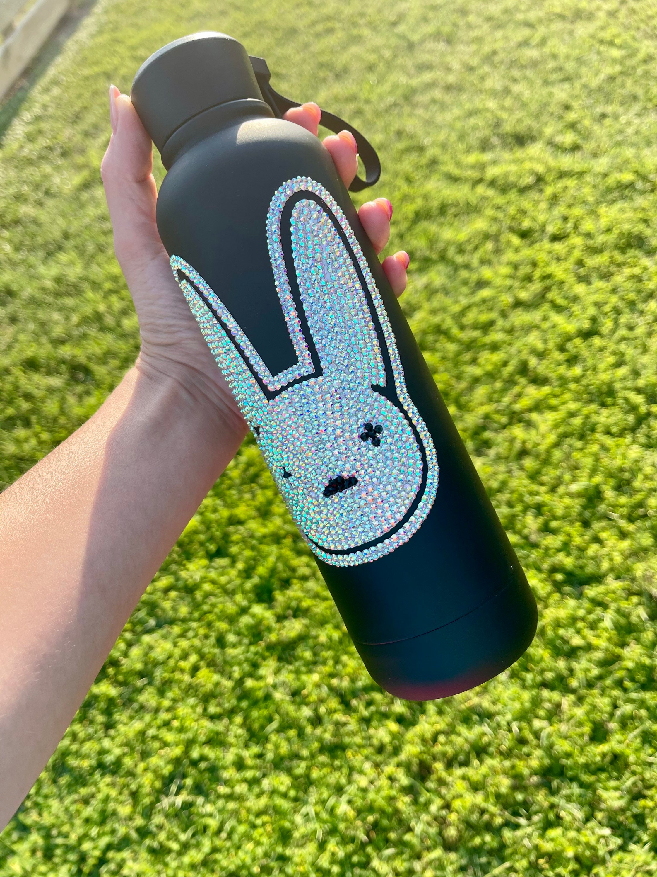 Bad Bunny Bling Water Bottle, Bad Bunny Rhinestone Black Bedazzled