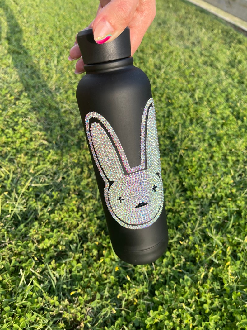 Bad Bunny Bling Water Bottle, Bad Bunny Rhinestone Black Bedazzled