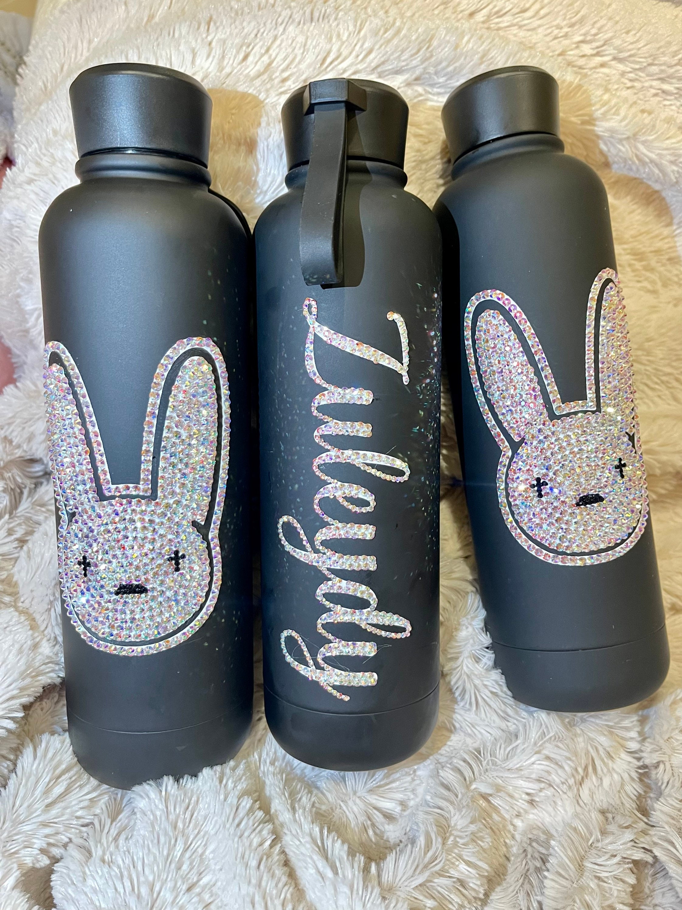 Bad Bunny Bling Water Bottle, Bad Bunny Rhinestone Black Bedazzled