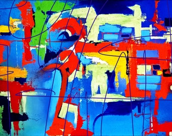 以下が含まれることがあります： 赤、青、黄、緑の太い筆致で描かれた抽象画。ダイナミックでエネルギッシュな印象を与える作品です。