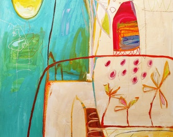 May include: Abstract painting with a bright turquoise background, red and yellow shapes, and a white area with a red and yellow shape and a signature "Velonguez".