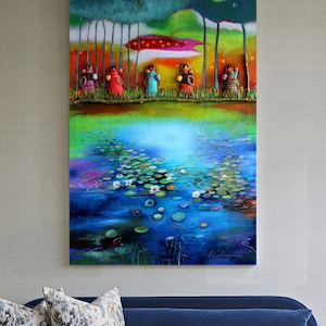 Contemporary Lake Painting: Colorful Figures, Lily Pads, Modern Wall Art