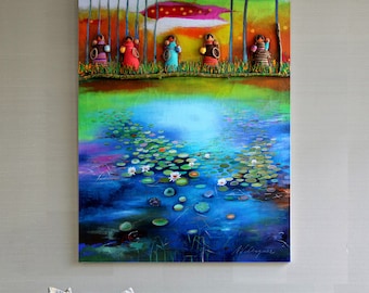 Pittura contemporanea sul lago: figure colorate, ninfee, arte murale moderna
