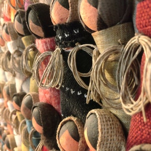 Pu&ograve; includere: Un'esposizione murale di bambole fatte a mano con diverse trame e colori di tessuto. Le bambole sono fatte di tessuto e hanno un design semplice con una testa rotonda e un corpo. Le bambole sono disposte in fila, con le teste delle bambole rivolte verso lo spettatore. Le bambole sono tutte di colori diversi, tra cui rosso, verde, blu e marrone.