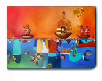 Original Abstract Painting: Peruvian Art on Canvas (31.5 x 47.2in)