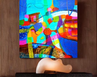 以下が含まれることがあります： カラフルな幾何学模様の抽象画。絵画は、青、緑、黄、オレンジ、赤、ピンクなど、さまざまな形と色を特徴としています。絵画は額装され、壁に掛けられています。