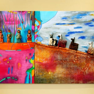 Llama Mountain Painting: Modern Figurative Art on Canvas (32inx47in)