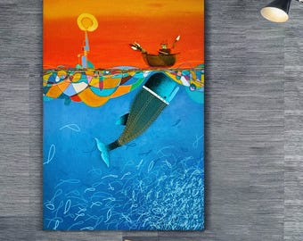 Ancient Peru Whale Painting: Modern Abstract Art, 47.2x31.5"