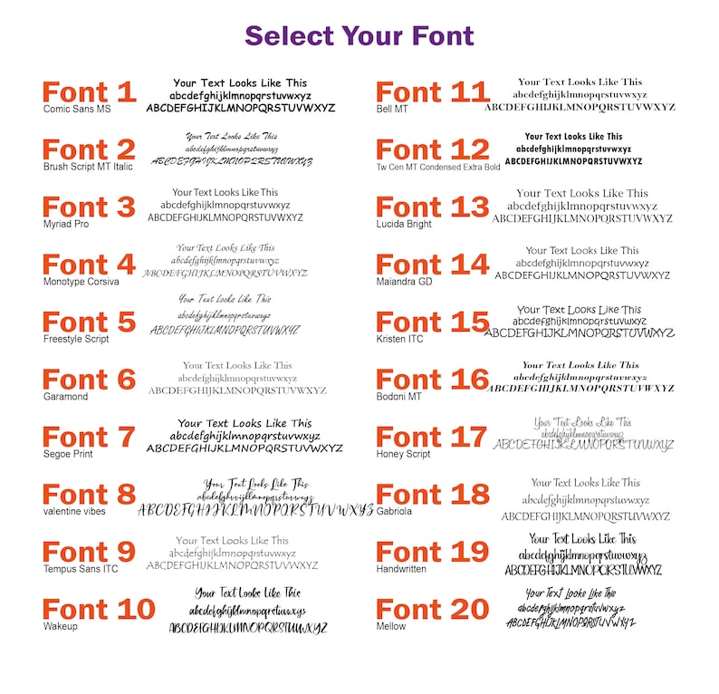 K&ouml;nnte beinhalten: Eine Tabelle mit 20 verschiedenen Schriftarten, jede mit einer Beispielschrift und dem Schriftnamen. Die Schriftnamen sind in fetter orangefarbener Schrift. Die Tabelle befindet sich auf einem wei&szlig;en Hintergrund.