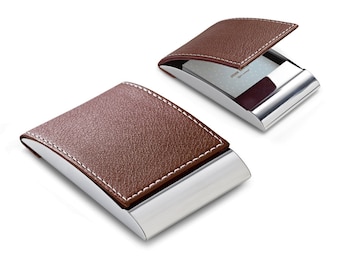 Elegant business card holder with metal frame brown PU leather cover engraved Christmas gift Father’s Day valentines