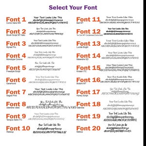 May include: A graphic showcasing 20 different font styles, each with a sample text and the font name. The fonts range from classic to modern, including Comic Sans MS, Bell MT, and Handwritten. The text "Select Your Font" is at the top.