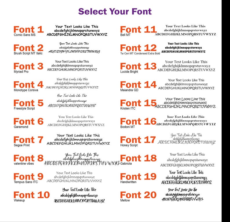 May include: A graphic showcasing 20 different font styles, each with a sample text and the font name. The fonts range from classic to modern, including Comic Sans MS, Bell MT, and Handwritten. The text "Select Your Font" is at the top.