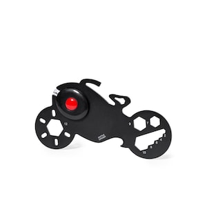 May include: Black metal motorcycle-shaped multi-tool with a red bottle opener. The tool has wrench sizes 2, 4, 6, 8, 10, 7, 9, and 12.