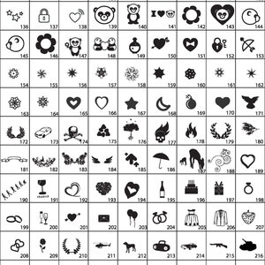 K&ouml;nnte beinhalten: Ein Schwarzwei&szlig;bild mit 234 verschiedenen Symbolen. Die Symbole sind in einem Raster von 24 Zeilen und 10 Spalten angeordnet. Jedes Symbol ist von 118 bis 234 nummeriert. Die Symbole umfassen eine Vielzahl von Objekten, wie Tiere, Pflanzen, Lebensmittel und Werkzeuge.