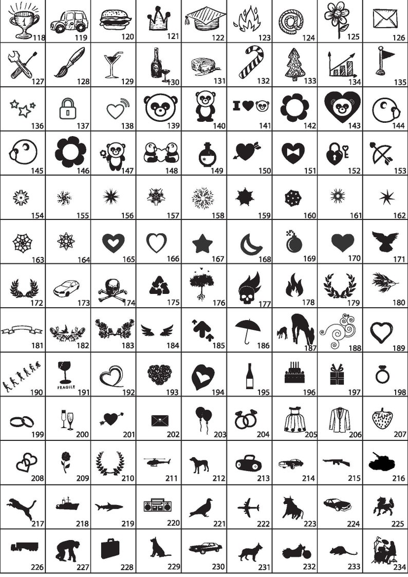 K&ouml;nnte beinhalten: Ein Schwarzwei&szlig;bild mit 234 verschiedenen Symbolen. Die Symbole sind in einem Raster von 24 Zeilen und 10 Spalten angeordnet. Jedes Symbol ist von 118 bis 234 nummeriert. Die Symbole umfassen eine Vielzahl von Objekten, wie Tiere, Pflanzen, Lebensmittel und Werkzeuge.