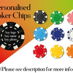 May include: A set of ten personalised poker chips in various colours, including black, green, pink, blue, white, red, yellow, and orange. The chips have a white border and a black centre with the text "Any logo", "Any name", and "Any photo".