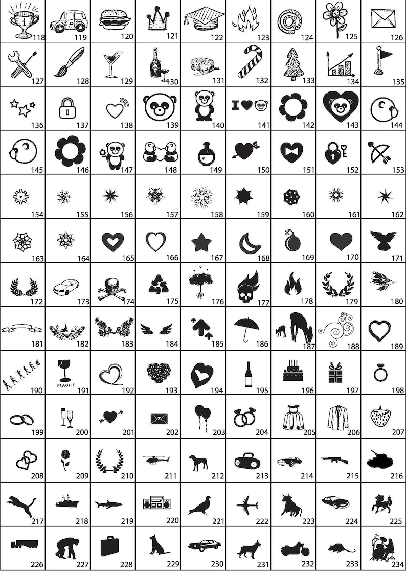 May include: A black and white image with 234 different icons. The icons are arranged in a grid of 24 rows and 10 columns. Each icon is numbered from 118 to 234. The icons include a variety of objects, such as animals, plants, food, and tools.