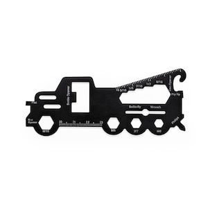 May include: Black multi-tool with a truck design. It features a bottle opener, can opener, ruler, pry tip, flathead screwdriver, Phillips screwdriver, wrench, and various sized hex wrenches.