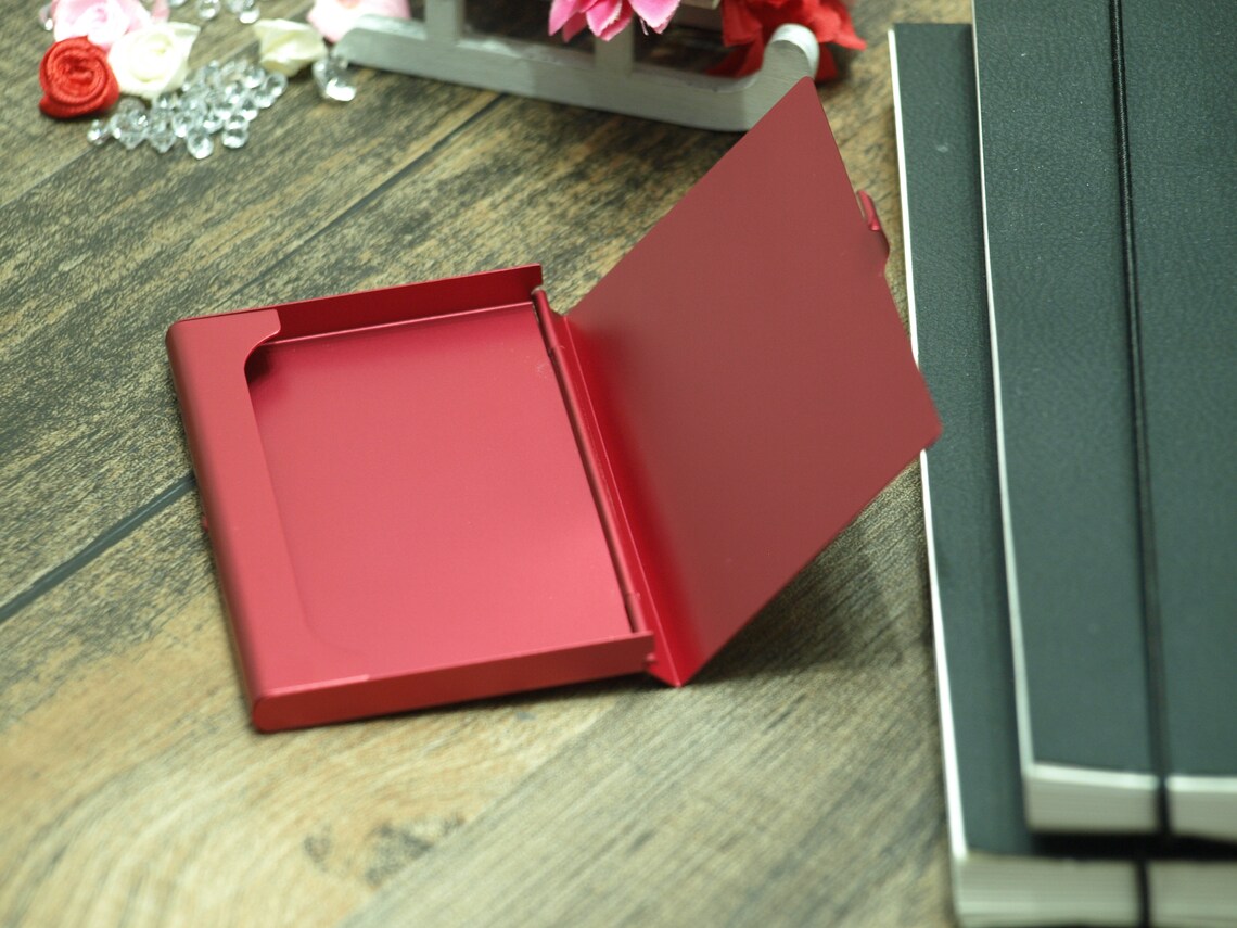 Metal engraved business card holder red with any logo name Etsy