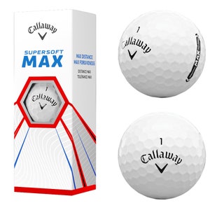 May include: A box of Callaway Supersoft Max golf balls. The box is white with red and blue accents. The golf balls are white with black lettering that says "Callaway" and "Max".