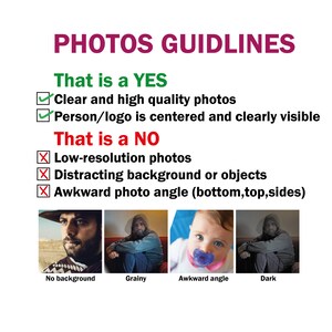 May include: A guide to taking good photos for online listings.  The guide lists clear and high quality photos as a yes and low-resolution photos, distracting backgrounds, and awkward angles as a no.  Four example photos illustrate the guidelines.