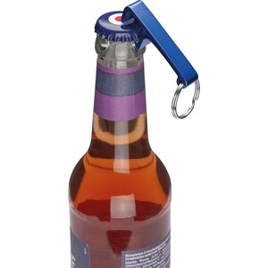 May include: A blue bottle opener with a key ring attached. The opener is being used to open a bottle of beer.