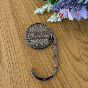 Personalised engraved bag holder, gunmetal finish with magnetic closure