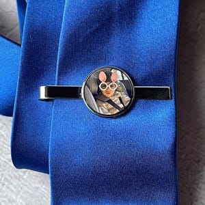 May include: A silver tie clip with a round, clear glass insert featuring a photo of a child wearing bunny ear sunglasses. The child is sitting in a car seat.