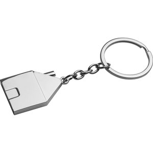 May include: A silver house-shaped keyring with a silver chain and a silver ring.