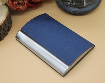 Personalised Business card holder blue textile cover
