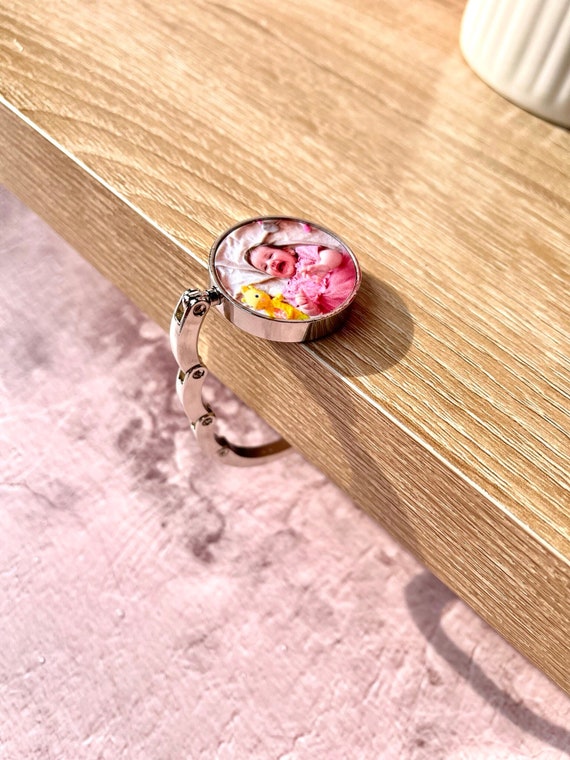 Personalised round foldable bag Hook, hand bag holder, personalised with your photo, bespoke gift, custom bag hook, customised bag holder