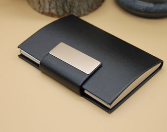 Stylish business card holder with metal frame and PU leather cover engraved