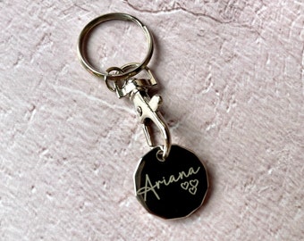 Personalised engraved chrome metal trolley coin, pound shape coin, trolley coin keyring engraved with any name logo text, custom logo